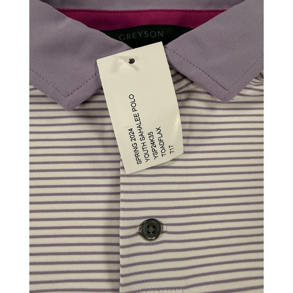 NWT Greyson Youth‎ Polo Shirt Boys Medium Purple Stripe Golf Performance Stretch